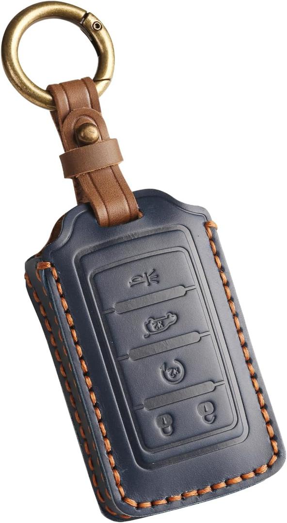 QBUC for Jeep Key Fob Cover,Genuine Leather Key Shells Compatible with Jeep Grand Cherokee L 4XE Wagoneer 2024 2025(Blue, 5 Buttons B)