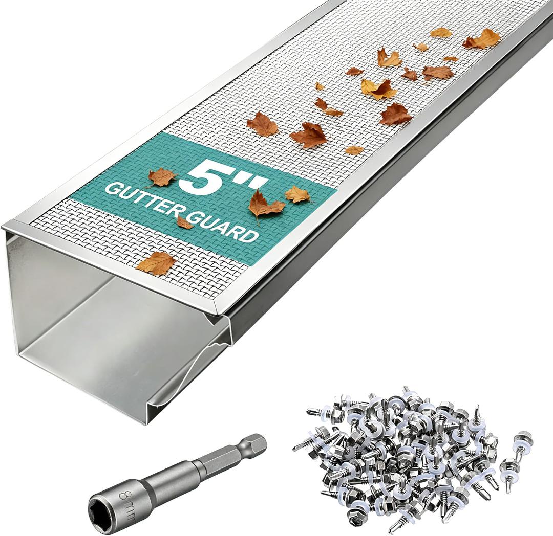 100 FT Micro Mesh Gutter Guards 5 Inch, Heavy Duty 100% Stainless Steel Micro Mesh Gutter Covers for Leaf, Debris & Overflow Protection, 180 Screws & Driver Bit Included
