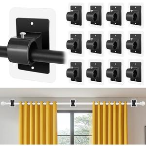 12PCS Self Adhesive Curtain Rod Holder No Drilling,No Drill Curtain Rod Bracket,Renter Friendly Drapery Rod Hook,Nail Free Adjustable Non Screw Draper Pole for Apartment Window Wall Door Ceiling Mount