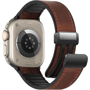 Magnetic Leather Bands Compatible with Apple Watch 49mm 46mm 45mm 44mm 42mm(Series 3/2/1) for Men Women, Genuine Leather with Magnetic Buckle for iWatch Ultra 1/2 Series SE/10/9/8/7/6/5/4/3 (A-Mahogany Brown), Size: 49/46/45/44/42mm(Series 1/2/3)
