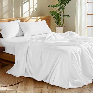 Shilucheng 100% Egyptian Cotton King Size Sheets Set - 1200 Thread CountLuxury Cotton Bed SheetsBreathable & Cooling Bedding and Pillow Cases, 16 Inch Deep Pocket - 4 Piece (White, King)