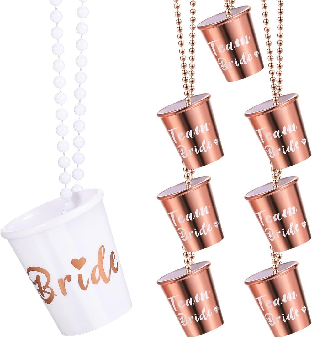 Boao 8 Pieces Bride Shot Necklace Glass, Bachelorette Shot Glass Necklace with Gold Foil for Wedding Bachelor Party and Bridal Shower Decorations(Rose Gold)