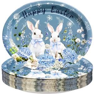 Tioncy 50 Count Bunny Rabbit Hydrangea Happy Easter Blue Floral Paper Plates Bulk Spring Farmhouse Bunny Hydrangea Oval Disposable Platter Religious Easter Flower Plates for Holiday Party Decor