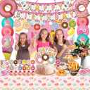 Donut Sweets Birthday Party Supplies, Donut Style Party Decorations Include Happy Birthday Banner, Backdrop, Tableware Set, Tablecloth, Cake Toppers, Cupcake Toppers, Latex Balloons, Hanging Swirls