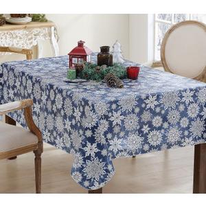 Newbridge Christmas Navy Winter Snowflake 60 x 84 Inch Rectangle Vinyl Tablecloth with Flannel Backing  Sparkling Silver Holiday Print Easy-Care Wipe Clean Table Cover