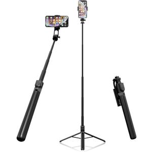 71 Tall Selfie Stick Quadripod with Remote & 360 Ballhead, Aluminum Alloy Extendable Cell Phone Stand, Travel Phone Holder Compatible with iPhone/GoPro (Black)