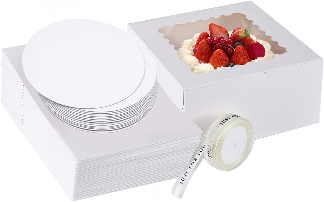 48pcs 10x10x5 Inches Cake Boxes,24pcs White Boxes and 24pcs Boards,Cajas Pasteles for Disposable 10 inch Cake box with Window (White, 10 * 10 * 5inch/48pcs)