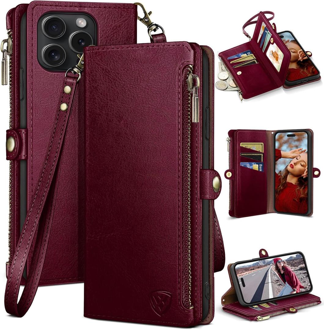XcaseBar for iPhone 15 Pro Max 6.7" Wallet case with Zipper Credit Card Holder RFID Blocking,Flip Folio Book PU Leather Shockproof Protective Cover Women Men for Apple 15 ProMax Phone case Wine Red