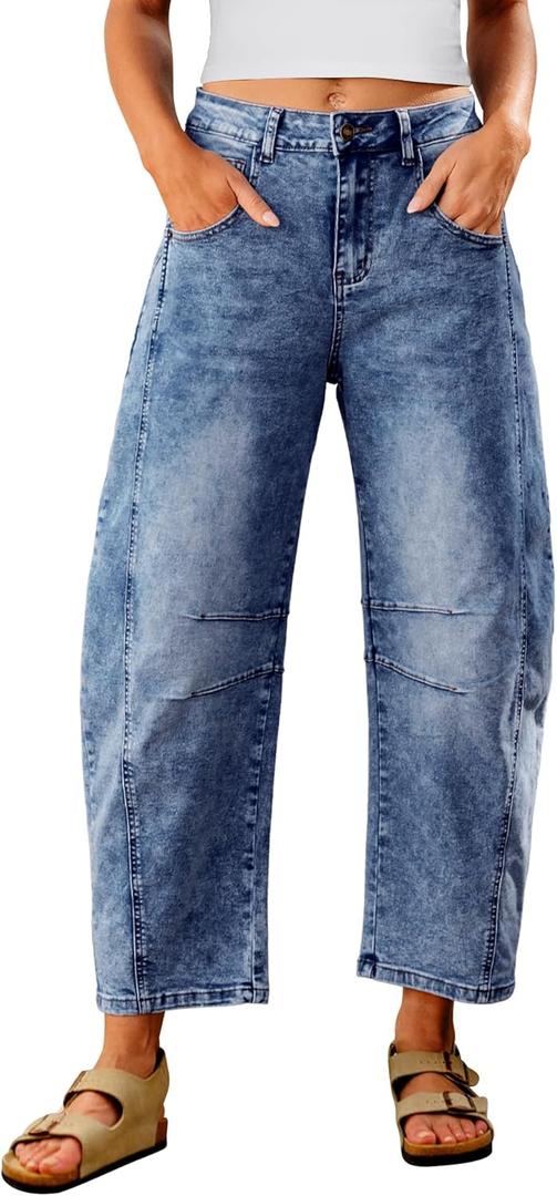 Utyful Barrel Jeans Women Cropped Baggy Trendy High Waisted Distressed Loose Stretch Denim Trouser Jeans with Pockets, Large