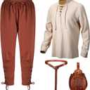 Xtinmee 4 Pcs Halloween Men Renaissance Costume Set Medieval Pirate Viking Costume Shirt Pant Belt Bag (Large, Beige, Brown, Coffee)