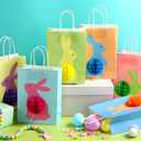 Blosssound 18 Sets Easter Gift Bags with Handles Bulk Bunny Birthday Color Treat Candy Goodie Snack Party Favor Bag with Honeycomb Ball for Easter Egg Hunt Gift Wrapping Party Supplies