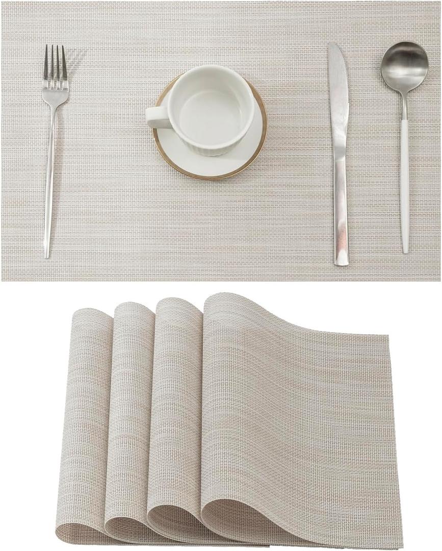 Leetaltree Beige White Placemats Set of 4 - Heat Resistant Non-Slip Place mats for Dining Table, Washable Durable PVC Vinyl Woven Table MatsBeige White, 4