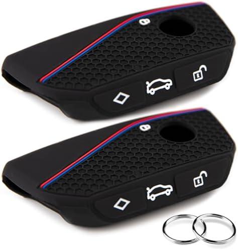 OLLEN 2PCS Soft Silicone Key Fob Cover, Fit for BMW 2023 2024 2025 2026 New 5/7 Series 740i 760i IX IX3 XM X1 X2 X3 X5 X6 X7 I5 I7 etc, Car Key Case Protector with Rings, Red+Blue Line