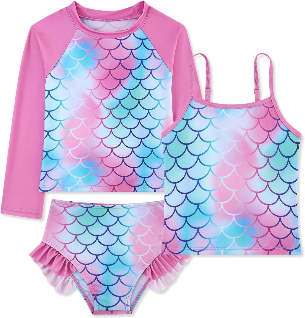 swimsobo Girls 3-Piece Swimsuit Long Sleeve Rash Guard Tankini Sets UPF Sun Proction Bathing Suit 3-10T (9-10 Years, Mermaid Pink)