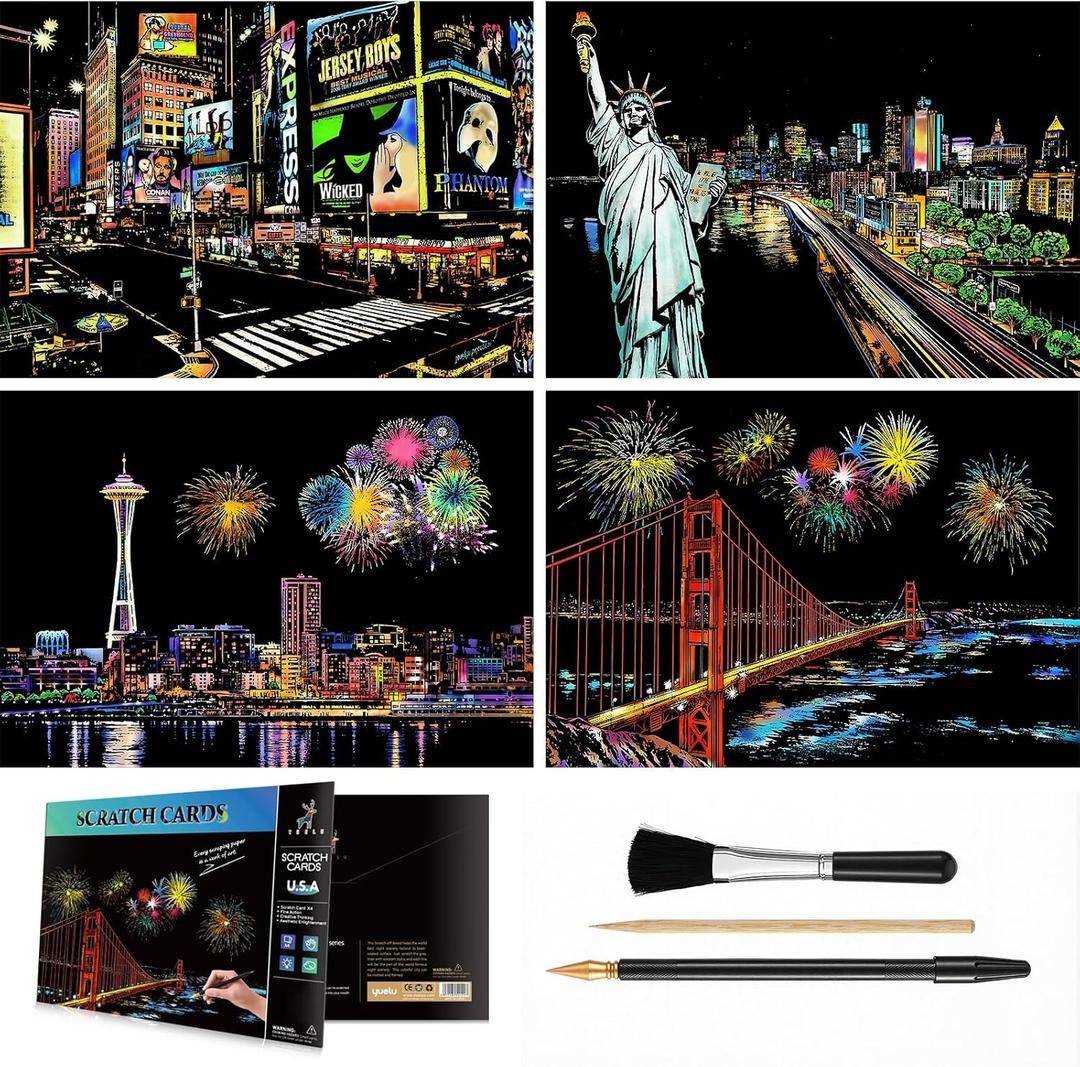Scratch & Sketch Art for Teens & Adults - 4 Sheets Scratch Cards & Drawing Pen, Clean Brush, Rainbow Painting Night View Scratchboard (A4), Art & Craft (USA)