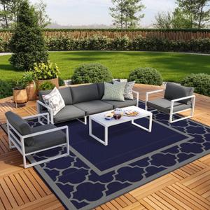 GENIMO 10 'x10 ' Outdoor Rug for Patio Clearance, Waterproof Indoor Outdoor Plastic Straw Rugs Carpet, Reversible Outside Area Rv Mat for Camping, Balcony Porch, Deck, Picnic, Beach (Blue & Grey)