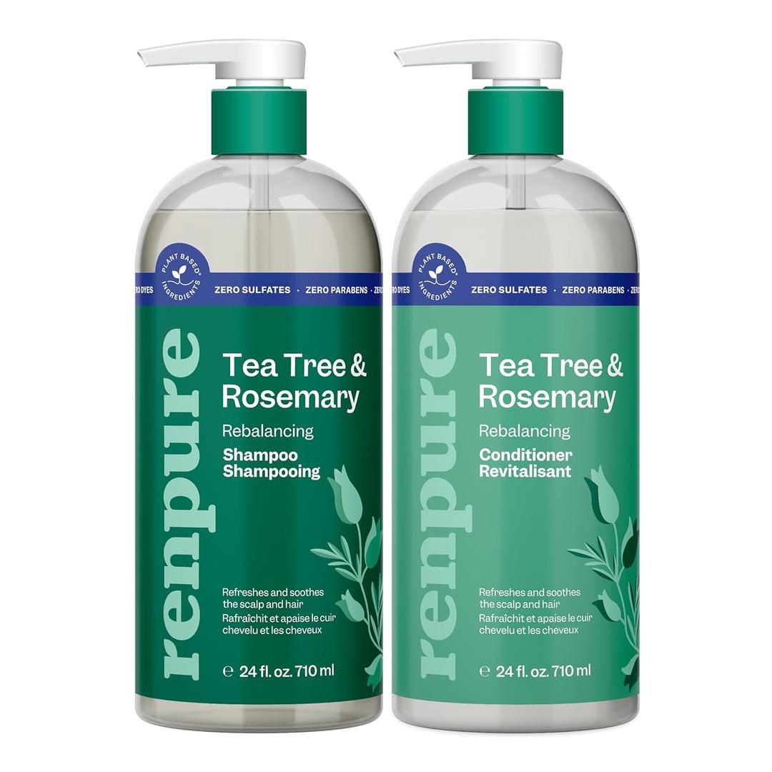 Renpure Tea Tree & Rosemary Shampoo & Conditioner Set, Plant Based - Refreshes & Rebalances Hair and Scalp - For Oily/Normal Hair - Tea Tree Leaf Oil, Rosemary Leaf Extract - 24 Fl Oz each, 2 Pack (Green)