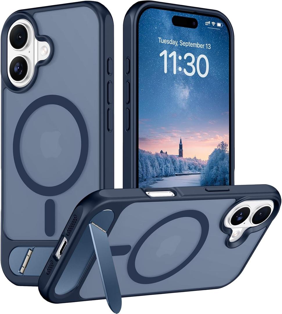 Temdan Designed for iPhone 17 Case, [Built-in Invisible Kickstand][Compatible with MagSafe][Military Grade Shockproof] Slim Translucent Matte Phone Case 6.3 inch (Blue)