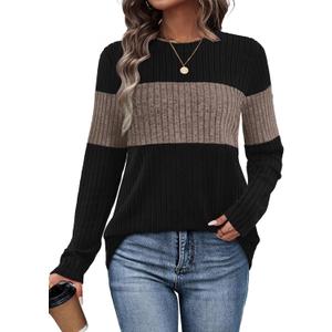 WIHOLL Womens Sweaters Trendy Color Block Tops Long Sleeve Shirts Fall Outfits Early Fall Fashion 2025 Winter Clothing (Medium, Coffee)