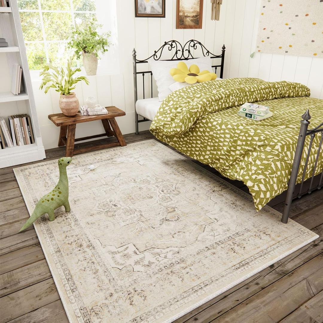 3x5 Washable Area Rugs for Bedroom: Entry Throw Rug Stain Resistant Distressed Boho Rug Non Slip Low Pile Small Carpet for Bedroom Kitchen Entryway Living Room Bedside Office Dorm Entrance (Beige White and Black)