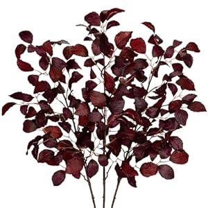 Arborus 3PCS Artificial Fall Leaf Stems Autumn Leaves Fake Fagus Sylvatica Folige Burgundy Faux Beech Leaf Branch, Long Stems for Floral Arrangements Autumn Decoration