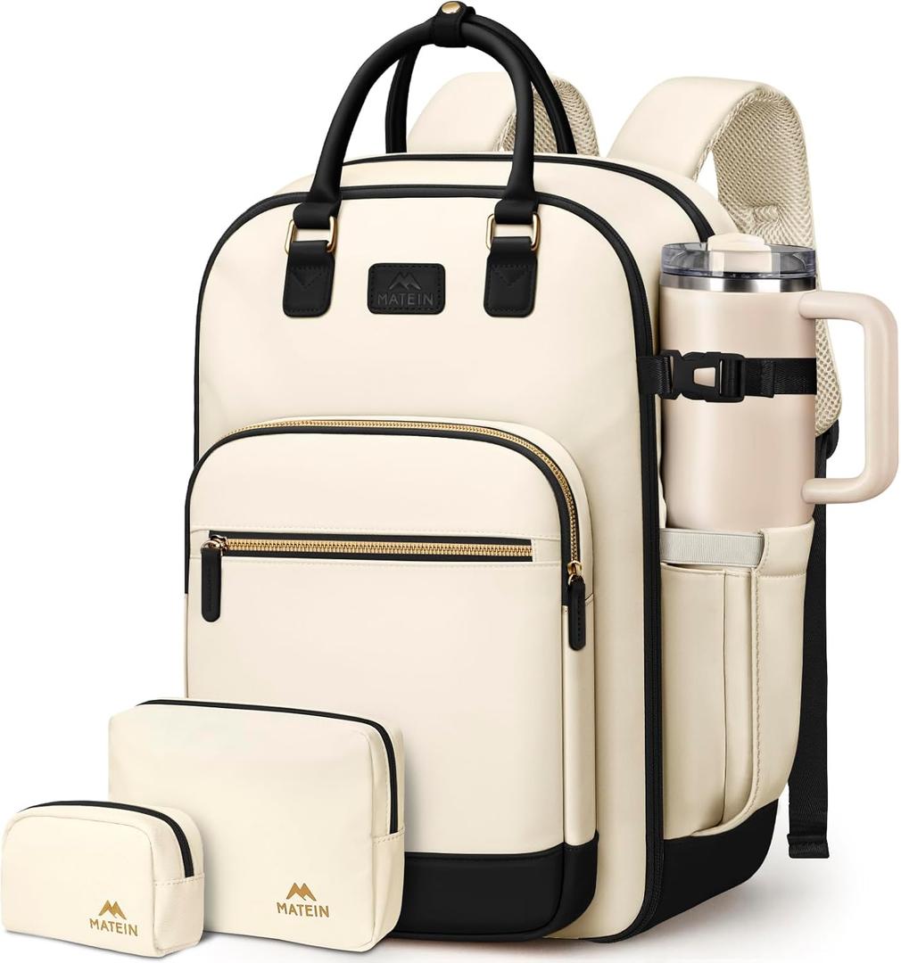 MATEIN HER Underseat Backpack for Frontier Airlines with Removable Shoe Compartment, TSA Personal Item Bag for Women, Carry on Luggage Flight Approved with Padded 15.6" Laptop Sleeve, 3 Set (Beige)