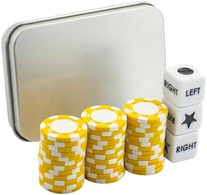 Left Right Center Dice Game Set with 3 Dices + 36 Yellow Poker Chips and Silver Storage Box