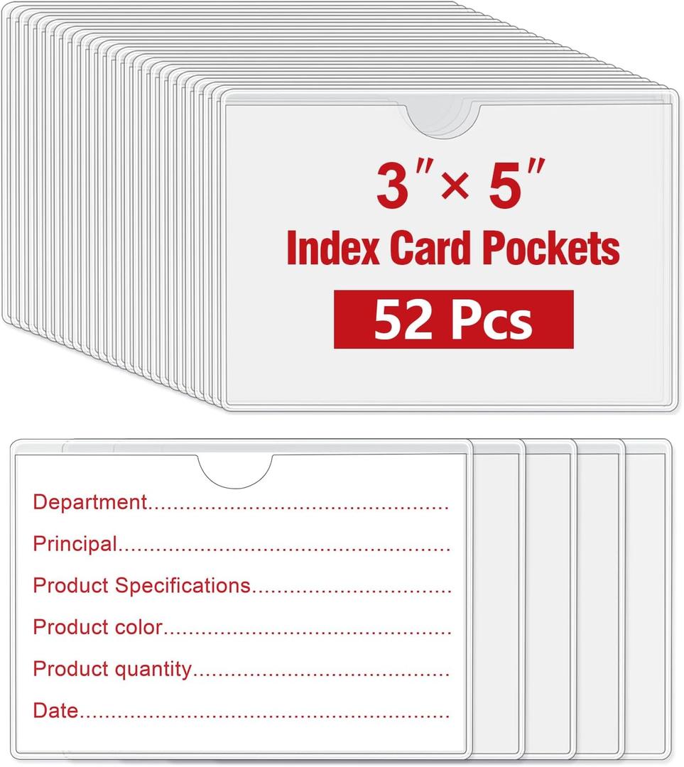 52 Pcs 3" x 5" Self Adhesive Index Card Pockets Label Pockets with Top Open for Loading, Clear Adhesive Pockets Labels Holders for Storage Bins, Library Card, Organizing(Index Card not Included)