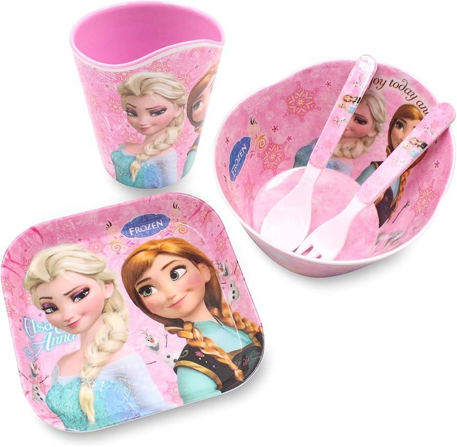 Princess 5 Pcs Set Durable Tableware Meal Dishes Mealtime Set includes Dinner Serving Bowl Plate Cup with a Matching Spoon & Fork