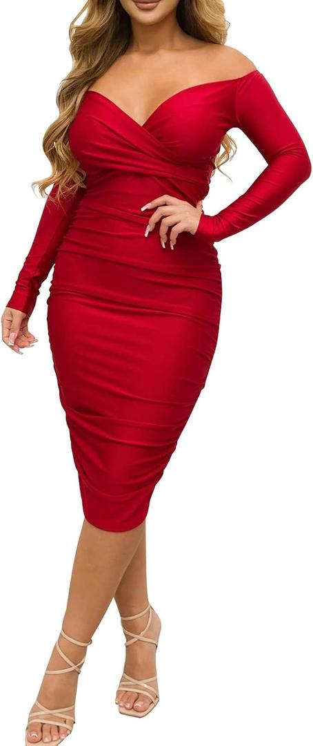 Rodawu Women's Sexy Deep V Neck Off Shoulder Bodycon Midi Dress (Red)