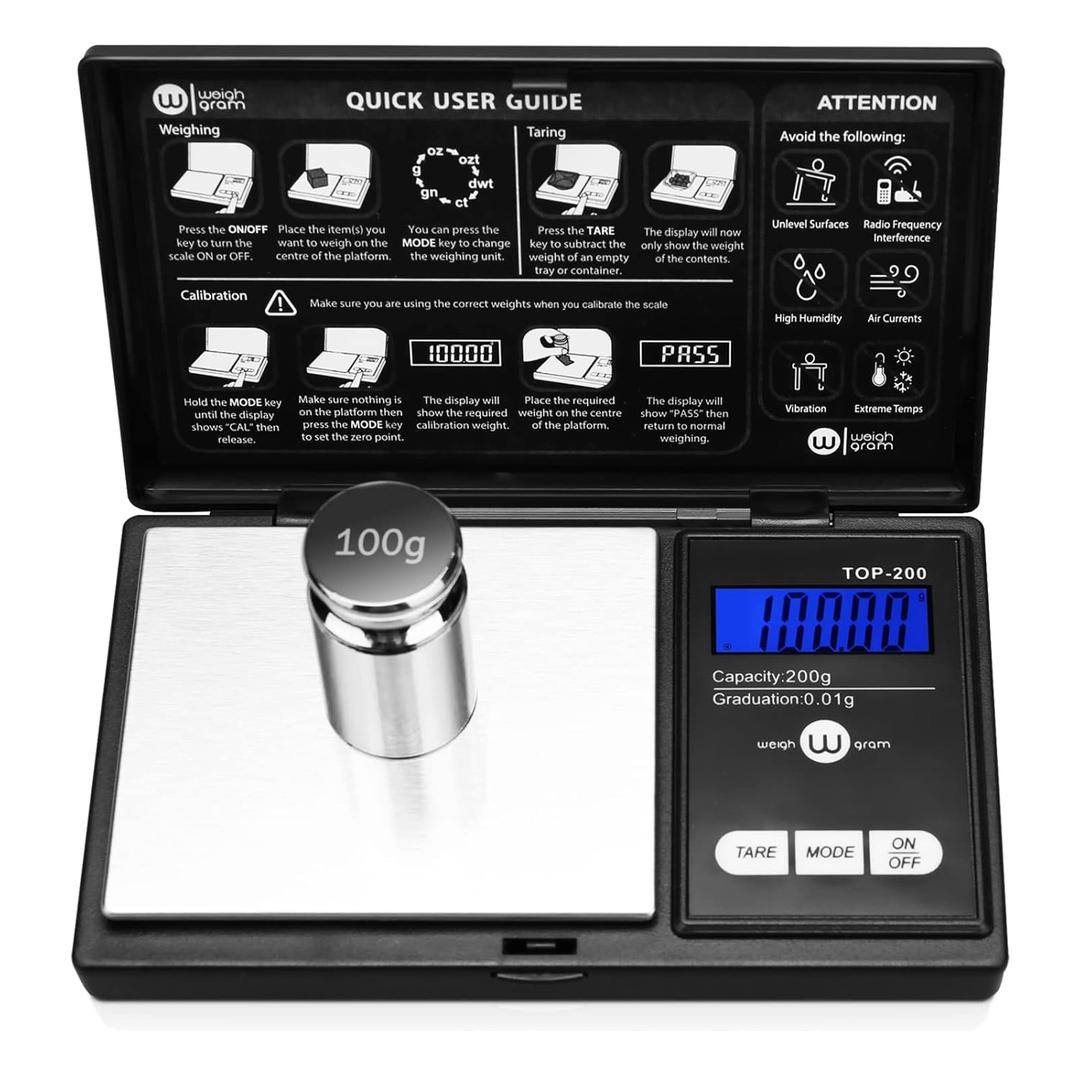 Weigh Gram 200g Digital Pocket Gram Scale 0.01g Accuracy, 200g x 0.01g Mini Digital Grams Scale, Small Food Scale, Jewelry Scale, Ounces Grains Scale With100g Calibration Weight, 200g / 0.01g (Model: TOP-100)