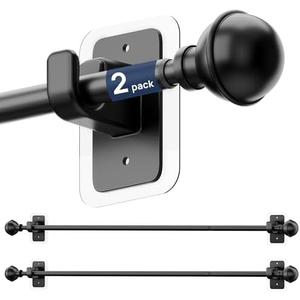 ENJOYBASICS 2 Pack No Drill Curtain Rods for Window 28 to 60 Inches, 5/8 Inch Diameter Renter Friendly Drapery Rod with Adhesive Brackets without Drilling, Adjustable from 27 to 65 Inches, Black
