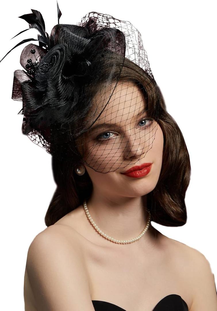 Cizoe Kentucky Derby Fascinators for Women High Tea Party Hat Wedding Cocktail Flower Headware with Mesh and Feathers (Black)