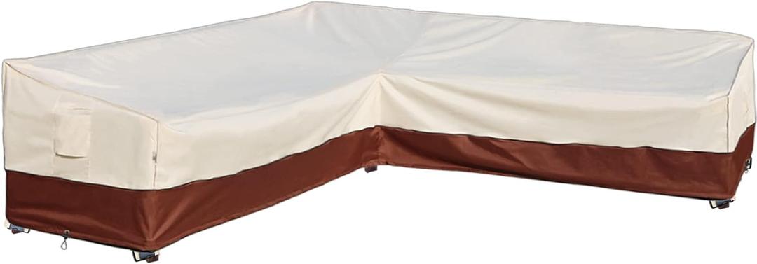 Outdoor Sectional Cover-V-Shaped Patio Furniture Covers Waterproof Rip-Stop Anti-UV 600D Heavy Duty Outdoor Couch Cover with 3 Air Vent Sofa Cover 110''L 110''L 33.5''D 31''H (Beige & Reddish Brown)