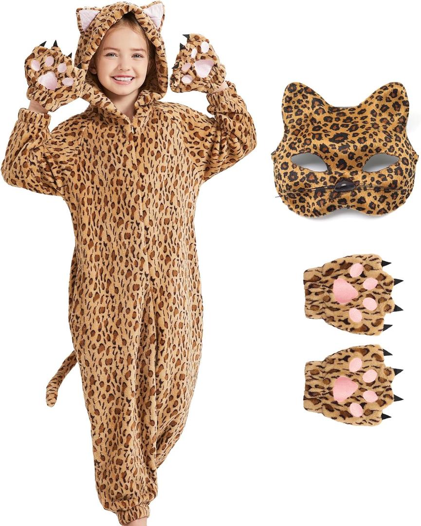 Ezuwail Cheetah Costume Kids Snow Leopard Costume Gloves Mask Cheetah Onesie Bodysuit Halloween Cosplay for Girls Boys (130, Brown)