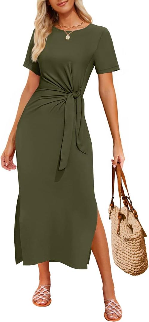 ZESICA Women's Summer Short Sleeve Bodycon Midi Dresses 2025 Casual Crewneck Knit Wrap Tie Waist T Shirt Long Dress (Army Green) XL ZESICA Women's Summer Short Sleeve Bodycon Midi Dresses 2025 Casual Crewneck Knit Wrap Tie Waist T Shirt Long Dress (Army Green) XL