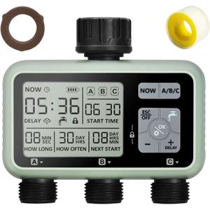 3 Outlet Sprinkler Timer Brass, Programmable Garden Hose Timer with Rain Delay, Manual& Automatic Watering System, Waterproof Digital Irrigation Controller Watering Evenly for 3 Separate Water Zones