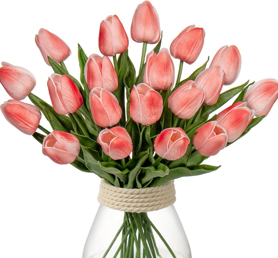20 Pcs Coral Tulips Artificial Flowers Real Touch Fake Tulips Fake Flowers for Mother's Day 13.5" Faux Tulips Faux Flowers Bulk Artificial Tulips Flowers for Vase Centerpieces Home Wedding Bouquet
