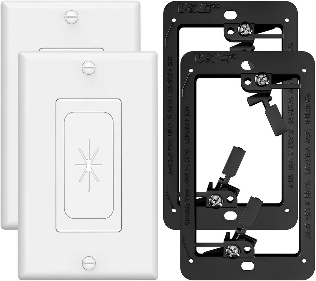 VCELINK Wall Plate Cable Pass Through with Mounting Bracket, Single Gang Flexible Rubber Opening Cable Outlet Cover for Low Voltage Cables, Wall Mount TV, Home Theater System, 2-Pack, White