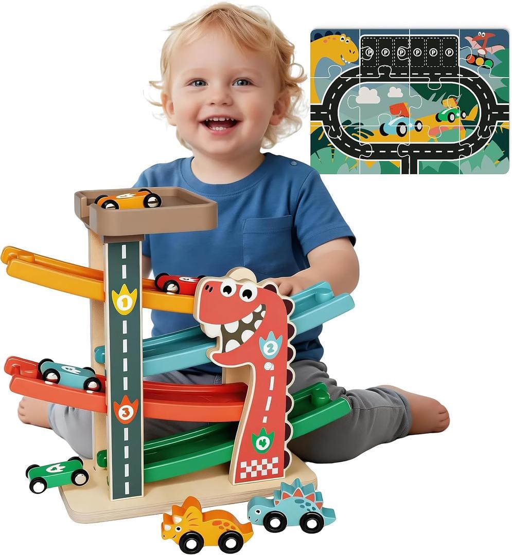 Montessori Toys for 1 Year Old Boy, Toddler Toys 1-2, First Birthday Gifts for Boys, Dinosaur Themed Toy Vehicle Set