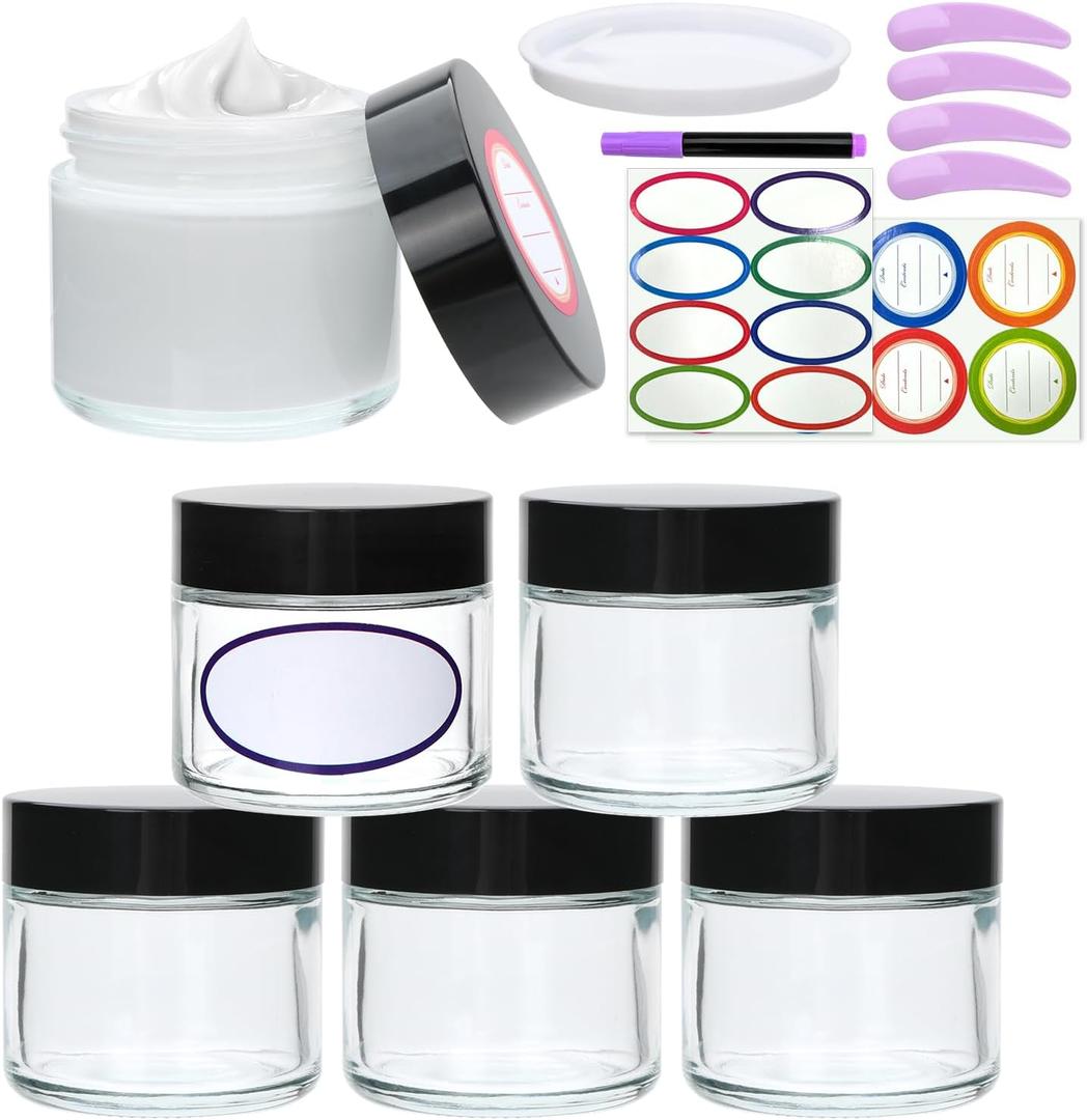 2oz Small Travel Containers with Black Lids,6 Pack Glass Jars with Mini Disposable Spatula for ToiletriesTravel StorageMakeup Beauty Products, Lotions, Powders and Ointments