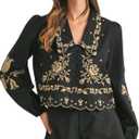 Cropped Floral Embroidery Long Sleeve V Neck Blouse Collar Button Down Shirt (Small, Black)
