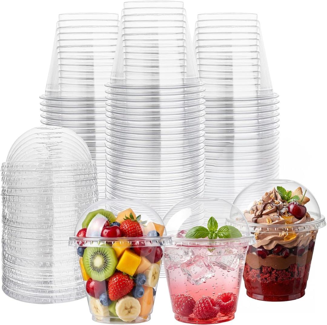 Lullaby 200Pack 9oz Clear Plastic Cups with Dome Lids, Dessert Cups with Lids, Disposable Parfait Cups, Party Cups Cupcake for Parties and Daily Use