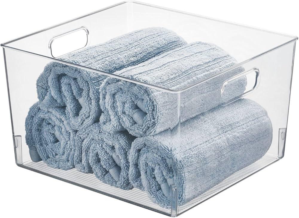 mDesign Large Modern Stackable Plastic Storage Organizer Bin Basket with Handles for Bathroom Vanity Organization - Shelf, Cubby, Cabinet, or Closet Organizing Decor - Ligne Collection - 4 Pack, Clear