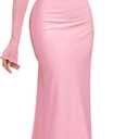 KUTUMAI Women Off Shoulder Bodycon Maxi Dress Long Sleeve Mesh Ruched Party Formal Wedding Guest Dresses (Pink, M)