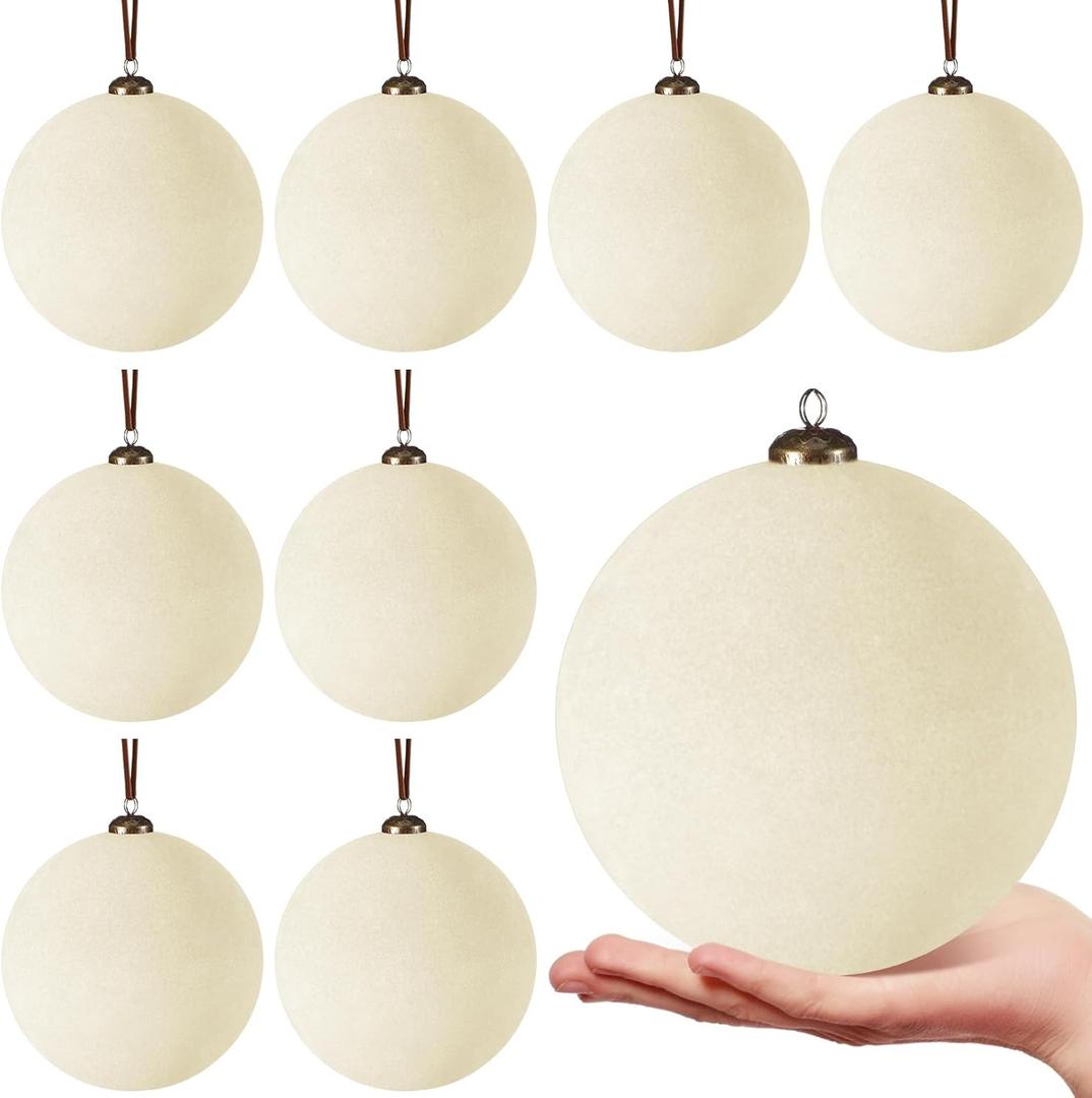 8 Pcs 6 Inch Large Velvet Christmas Ball Ornaments,Cream White