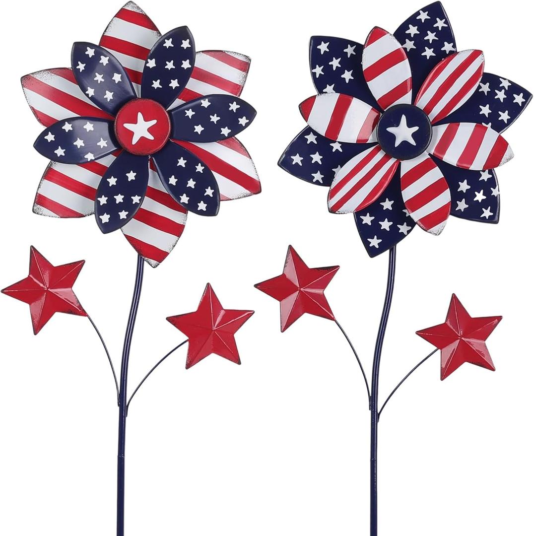 YEAHOME 4th of July Decorations Outdoor, 22.4" Set of 2 Red White Blue Metal Flowers Decorative Garden Stakes for Memorial Day Decorations, Yard Signs Patriotic Decorations for Garden Lawn Porch