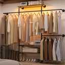 Cyclysio Industrial Pipe Clothing Rack, Reversible 7.25FT Wall Mounted Clothes Rack, Heavy Duty Garment Racks Closet Wardrobe with LED Lights& Shelves, Walk-in Closet System, Brown