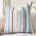 Coastal Blue Boho Throw Pillow Covers 18x18 Inch Farmhouse Decorative Striped Cushion Cases Accent Pillows Square Rustic Textured Woven Neutral Pillowcase for Sofa Couch Bed Living Room,Pack of 1
