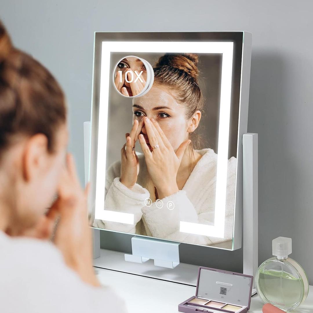Kottova Vanity Mirror with Lights, 14" x 12" LED Makeup Mirror, Lighted Makeup Mirror with 10X Spot Mirror,Smart Touch 3 Colors Dimmable,360 Rotation, Plug in(White)